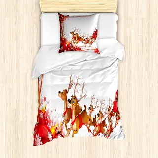 ABAKUHAUS Weihnachtsmann Mantele, Weihnachtskugeln und Rentiere, Milbensicher Allergiker geeignet mit Kissenbezügen, 135 cm x 200 cm - 80 x 80 cm, Pale Braun Rot - Braun, Rot
