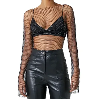 HAPZUR Damen Glitzer Mesh Oberteil Langarm Transparent Durchsichtig, Sexy Netz Bluse Top für Party, Karneval & Halloween