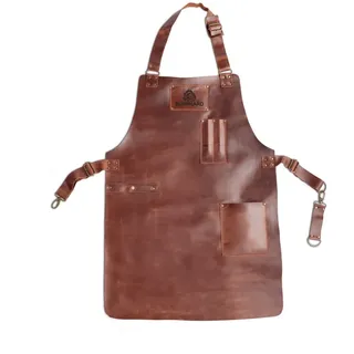 Burnhard Grillschürze Leder Braun, Lederschürze 100% Büffelleder, Größenverstellbar, BBQ-Schürze mit Taschen, Kochschürze