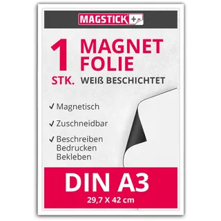 Magstick Magnefolien DIN A3 weiß beschichtet selbstklebend - mag111 | Magnetkraft für Auto, Semi anisotrope, weiß beschichtet, Größe DIN A3 297 x 420 mm, Rückseite magnetisch, Stärke 0,85 mm