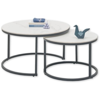 Stella Trading GINO Beistelltisch 2er Set in Marmor Optik rund, Weiß - Modernes Couchtisch Set mit schwarzem Metallgestell - 80 x 42 x 80 cm (B/H/T)