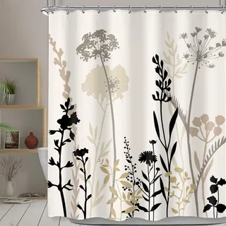 Omifly Duschvorhang, cremefarben, Blumenmuster, 152 x 183 cm, Taupe, Braun, Silhouette, Blume, rustikal, Boho, Wildblumen, Blätter, Pflanzen, botanisches Vintage-Badezimmer-Set, 12 Kunststoffhaken,