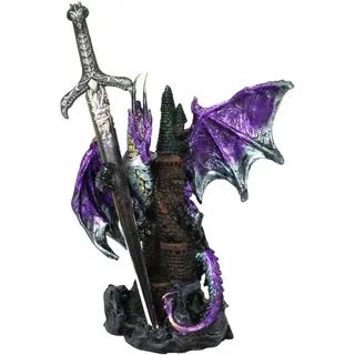 Ebros Gift Legendärer pazifischer lila metallischer gepanzerter Ritterdrache hält Schlossturm und gotisches Schwert Brieföffner Figur Home Office dekorative Skulptur Mittelalterliche Dungeons Drachen