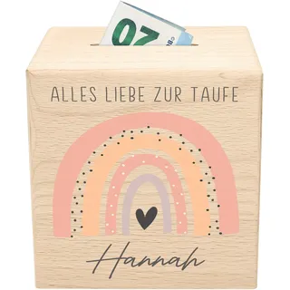 Taufe Spardose für Kinder mit Schlüssel personalisiert Taufgeschenk Jungen & Mädchen Sparschwein Holz Regenbogen Holzspardose (Apricot)