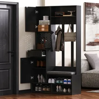 MODFU Flurgarderoben-Set Kleiderschrank mit Türen und Schubladen,Garderoben-Set  Garderobenschrank mit Schuhbank,Wandgarderobe mit Haken, Schwarz - Schwarz