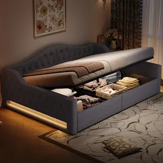 Polster-Tagesbett 140x200 Sofa-Bett mit Stauraum Bettkasten 7-Farben LED Leinenbezug Funktionsbett Gästebett Grau - Grau