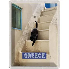 Blechschild 30x40 cm - Greece Griechenland weiße Treppe Katze