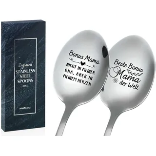 INNObeta Bonus Mama Geschenk, Geburtstagsgeschenk für Bonus Mama, 2 Stücke Eislöffel mit Gravur, Gestaltung Edelstahl