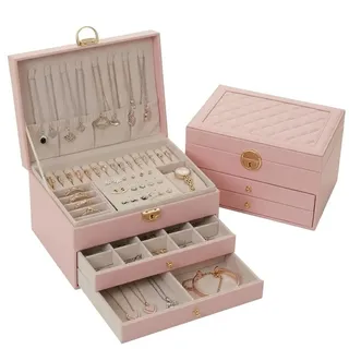 Schmuckaufbewahrung Organizer Box, 3-teiliges Set mit Mehreren Fächern, Schmuckkästchen für Ringe Ohrringe Ketten, Holz mit Samtfutter, Rosa
