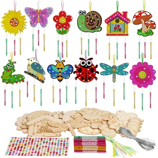 SRIZIAN 12 Stück Frühling Windspiel Bastelset Kinder mit 12 Stk Stift, Insekt Tier Blume Holz Basteln Windspiele für Kinder Mädchen Junge Geburtstagsfeier Dekoration DIY Kinderspielzeug