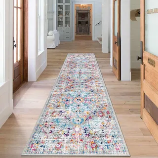 SHACOS Langer Teppich Läufer 60x240 cm Läufer Flur Boho Teppichläufer rutschfest Flurteppich Lang Küchenteppich Waschbar Kurzflor Teppich Flur Läufer für Küche, Wohnzimmer, Eingang, Bunt