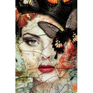 Kare Design Glasbild Lady Butterfly, Wandbild, Glasbild, Wandschmuck, Wanddeko, Schmetterlingsfrau Motiv, Abstrakt, Modern, Wohnzimmer, Schlafzimmer, Flur, 150x100x0,4cm, blau