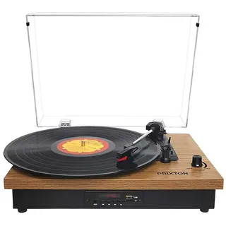 PRIXTON - Studio Vintage-Vinyl-Plattenspieler - Vinyl-Player & Konverter über Bluetooth, USB, SD, Radio - 2 eingebaute Lautsprecher - Anti-Staub-Deckel (Holz)