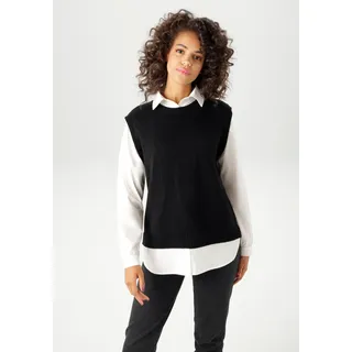Strickpullover ANISTON CASUAL, Damen, Gr. 36, schwarz-weiß (schwarz, weiß), Strick, Obermaterial: 100% Polyacryl. Bluseneinsatz: 100% Baumwolle, kontrastfarbene Details, unifarben, lässig geschnitten Po-bedeckend, 1-Knopf-Manschette, Pullover Strickpullover, mit Bluseneinsatz