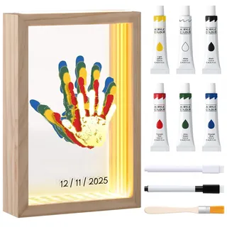 Fiada Familien Handabdruck Set 5 Personen LED Fotorahmen, mit 6 Farbtuben | Handgefertigter Erinnerungsrahmen aus Holz, Geschenkidee zum Muttertag, Vatertag, Weihnachten, Für Familienfeste