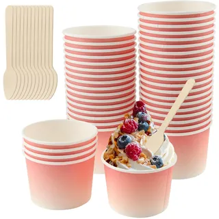 Vaskula 50 Stück Eisbecher Pappe 240ML Candybar Becher mit Löffel Pappbecher Klein Verdickt Dessertbecher Farbverlauf Rosa Slush Eis Becher für Eis Dessert Fingerfood Joghurt