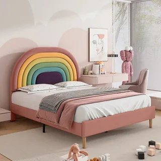 Flieks Jugendbett 140x200cm Polsterbett mit Lattenrost, Massivholzbett Doppelbett mit Regenbogenförmigem Kopfteil, Kinderbett Samt, Rosa - Rosa