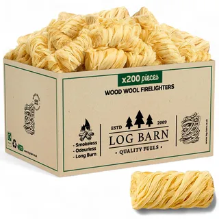 Log Barn Natürliche Anzündwolle - 200 Stück, Öko Anzünder Holzwolle für Holzöfen, Pizzaöfen, offene Feuer, Kaminanzünder und Grillanzünder - Echtes Log Barn Anfeuerholz (200 PC)