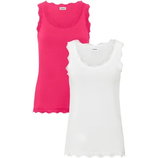 Shirttop BONPRIX, Damen, Gr. 52/54 (XXL), pink (dunkelpink, wollweiß), Jersey, Obermaterial: 95% Viskose, 5% Elasthan. Spitze: 90% Polyamid, 10% Elasthan, mehrfarbig, unifarben, slim fit hüftbedeckend, Rundhals, Spitze, Tops Shirttop, schmale Passform, mit dekorativer Spitze, aus Viskose-Mix, Topseller