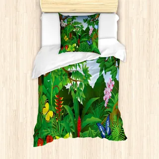 ABAKUHAUS Pflanze Bettbezug Set für Einzelbetten, Lebhafte Bäume im Wald, Milbensicher Allergiker geeignet mit Kissenbezug, Mehrfarbig Smaragdgrün
