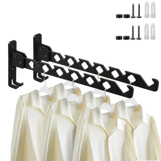 Lxoraziy 2 Stücke Kleiderstange Wand, Aluminium Kleiderbügel mit Kleiderhaken, Klappbar Wand Kleiderständer, für Schlafzimmer Badezimmer Balkon(Schwarz)