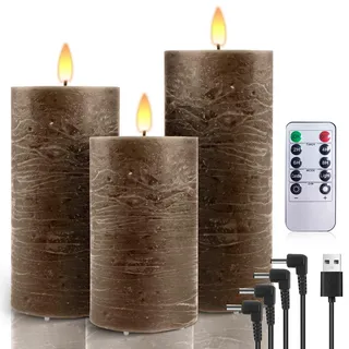 AiiBowy LED Kerzen Aufladbar Echtwachs [3er-Set] mit timerfunktion, Kerzen Flackernde Flamme, Adventskranz, LED Stumpenkerzen Outdoor für Halloween Weihnachten Dekoration - Braun
