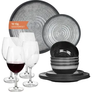 Melamin Camping Geschirr Set 4 Personen Stone Grey + 4 Tiamo Rotwein Gläser Rot Weingläser Tafelgeschirr Picknick BBQ Kochgeschirr - Grau, Rot