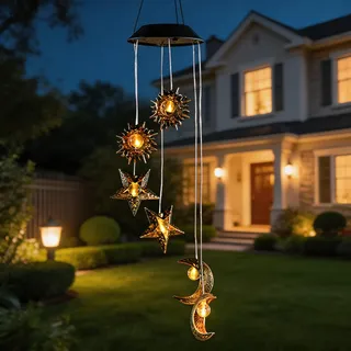 Solar Windspiel mit Sonne Mond Stern, Solarleuchten Warme LED Wasserdicht Windspiele für Draußen, Hängeleuchte Garten Deko, Hängend Gartenlampe Außen für Außen Balkon Terrasse Party Baum Geschenke