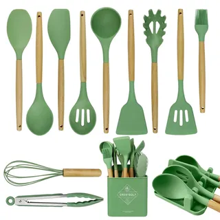 Küchenhelfer Set,Küchenutensilien Set,Hitzebeständig,Silikon,Spatel-Set mit Tablett,Kochspatel,Pfannenwender,Hitzebeständiges Werkzeug mit Holzgriff (Avocado-Grün) 13pcs