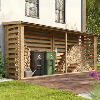 TIMBELA Brennholzregal M203 Holz 112 x 458 x 199 cm Beige