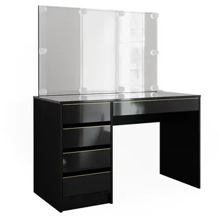 Vicco Schminktisch-Set Sherry Schwarz/Gold 120 cm mit LED Beleuchtung , Schwarz, Goldfarben , Holzwerkstoff , 5 Fächer , 5 Schubladen , Rechteckig,Rechteckig , 120x75x55 cm , Schlafzimmer, Schminktische