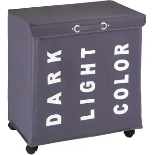 WENKO Wäschesammler Trivo Grau, Stabiler Wäschekorb mit Vier leichtgängigen Rollen und Deckel, 116 l Stauraum und DREI Fächer, (B x H x T): 56 x 60 x 35 cm, Aufschriften Dark, Light, Color