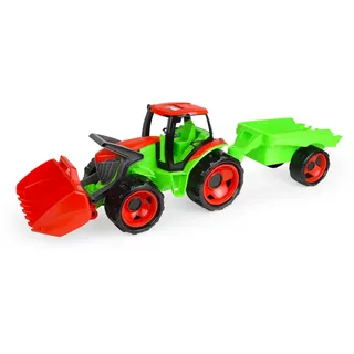 Lena GIGA Trucks Traktor mit Frontlader & Anhänger, Traktorspielzeug 5-teilig, Traktor mit Schaufel, Schiebdach in der Fahrerkabine