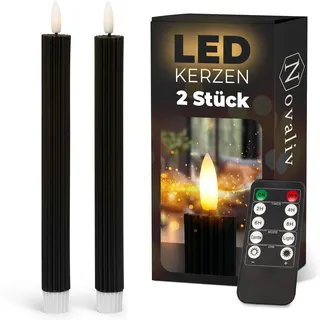 Stabkerzen LED mit Timer SCHWARZ 2er indoor mit Timer Funktion 6 Stunden ECHTWACHS gerippt 23cm Höhe für Kerzen 2,2cm Durchmesser 2 AAA Batterien notwendig LED Stabkerzen flackernde Flamme bewegliche