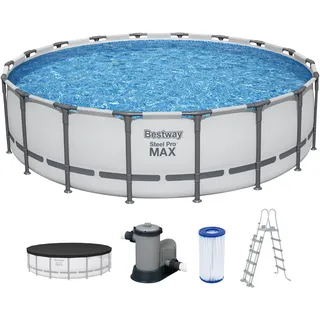 Bestway® Steel Pro MAXTM Frame Pool Komplett-Set mit Filterpumpe Ø 549 x 132 cm, lichtgrau, rund - Grau, Weiß