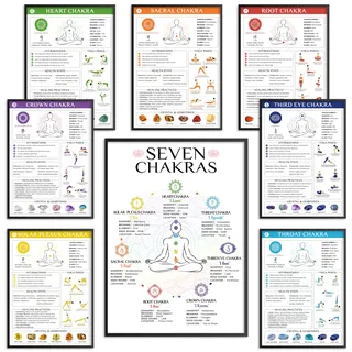 pocazone Chakra-Poster 25,4 x 35,6 cm, Yoga-Posen, laminiert, spirituelle Dekoration, 7 Chakra-Dekor, vertikale Wandkunst für Yoga-Raum, Wurzel, Krone, drittes Auge, Sakral, Reiki-Raum, Heimdekoration, 8 Stück