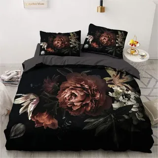 Bettwäsche-Set Blumen Floral Vintage 200x220cm Schwarz 2 Kissenbezüge 80x80cm Mikrofaser mit Reißverschluss - Schwarz