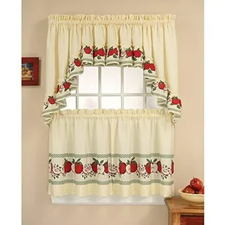 CHF Fenstervorhang mit hübschem rotem Apfelmotiv im Landhausstil, Set für mehrere Ebenen, Elfenbein, 142 x 91 cm, Mehrfarbig