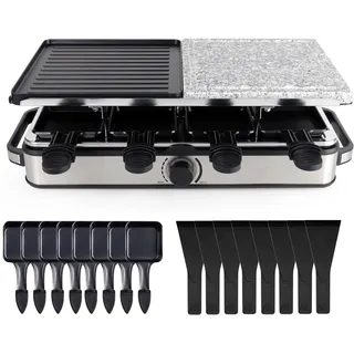 8 Personen Raclette Set - Tischgrill inkl. Pfännchen & Schaber - Grillplatte & Steinplatte antihaftbeschichtet (Eckig)
