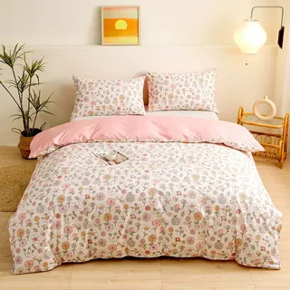 YASMENG Bettwäsche 200x220 Bunt Blumen Muster Beige Rosa Floral Wendebettwäsche Set Weich Flauschig Mikrofaser Bettwäsche 3 Teilig Modern Bettbezug Set mit Reißverschluss und 2 Kissenbezüge 80x80 cm