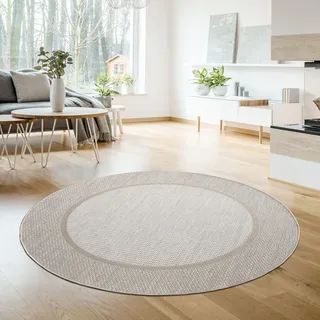 TT Home In-& Outdoorteppich Wetterfest Terrasse Balkon Esszimmer Modernes Boho Design Skandinavisch Mit Bordüre Unicolor Größe 200 cm Rund - Beige
