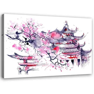 Feeby Bild Japan Aquarell 90x60cm , Rosa , Textil , Stadtarchitektur , Rechteckig , 90x60 cm , Bilder & Rahmen, Bilder, Leinwandbilder
