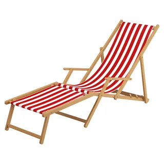 Liegestuhl rot-weiß Strandliege Sonnenliege Relaxliege Deckchair Buche hell Fußteil 10-314 N F - Rot, Weiß