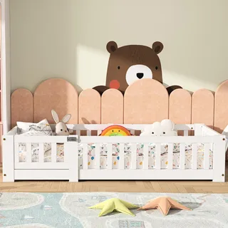 UnboxG Kinderbett 80x160cm Weiß mit Lattenrahmen und Sicherheitsgitter, Montiertes Bett mit Tür für Kleinkinder, Robustes Holzbett für Wachstumsphase - Weiß