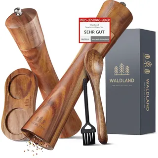 WALDLAND® Salz und Pfeffermühle aus Holz mit Untersetzer Gross (21 cm) | Gewürzmühlen mit hochleistungs - Keramikmahlwerk | Pfeffer und Salzmühle Set