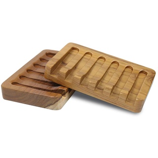 2PCS Seifenschale Holz von HTB, Teakholz Seifenablage, Seife Saver für Dusche, Bad, Badewanne, Küche Schwämme, leicht trocken verlängern Seife Leben