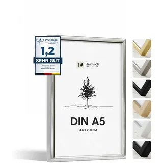 Heimlich® - Bilderrahmen - A5 14,8x21 cm, Aluminium, Silber, Diplom-Poster-Collage-Rahmen mit Folienabdeckung - Wandmontage oder Tischaufsteller