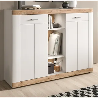 Sideboard "Sopela" weiß mit Eiche Landhaus Wohn- und Esszimmer Kommode 131x104 cm, Soft-Close und LED - Weiß, Naturbelassen