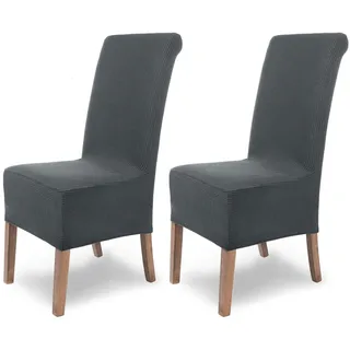 Scheffler-Home Stuhlhussen Sofia Grau 2er Set Stretch Lang elastische Stuhlabdeckungen Flanell Spann Hochlehner mit Gummiband