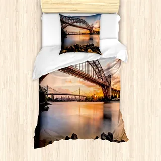 ABAKUHAUS New York Bettbezug Set für Einzelbetten, Sonnenuntergang Abend Blick, Milbensicher Allergiker geeignet mit Kissenbezug, Braunes Blau - Blau